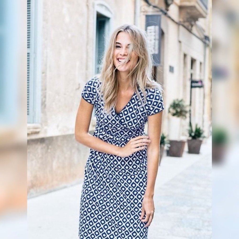 Boden Navy and White Geometric Midi Dress